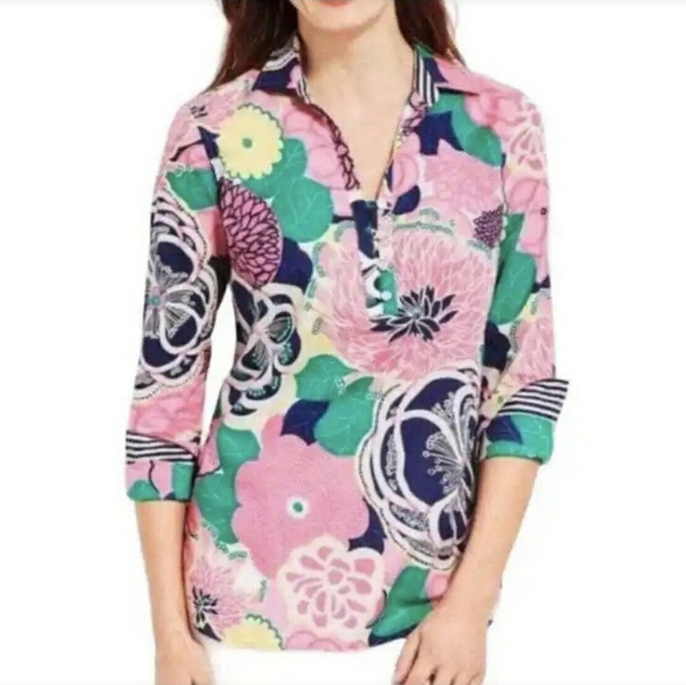 Talbots Bright Floral Tunic Top SP Blouse Bold Floral Pullover Popover, Size SP